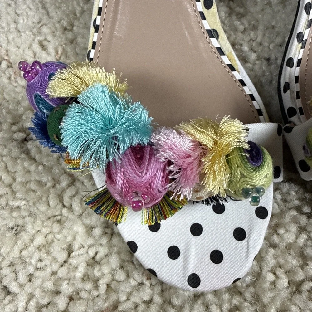 Betsey Johnson Multicolor Polka Dot Pom Pom Platform Espadrille Sandals Sz 7.5 M